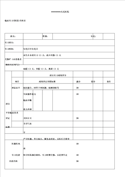 医院实习生鉴定表格