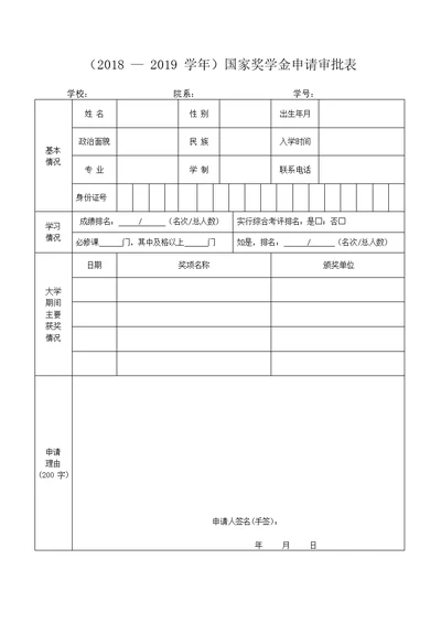 国家奖学金申请审批表