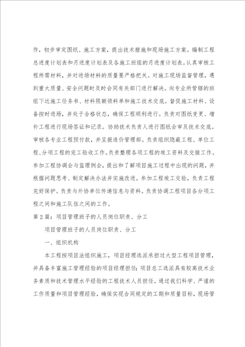 项目管理班子人员岗位职责分工