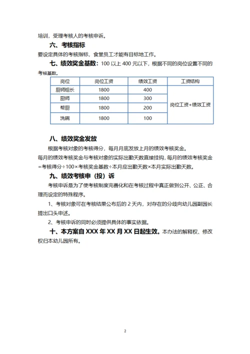 幼儿园食堂员工绩效考核方案