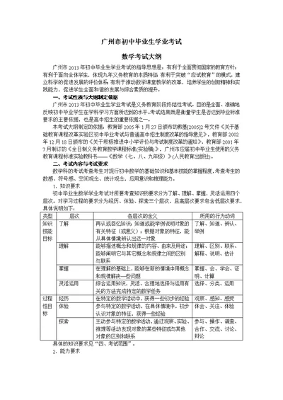 2013年广州市初中毕业生学业考试数学考试大纲