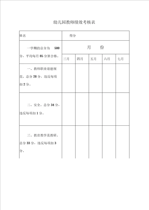 幼儿园教师绩效考核表