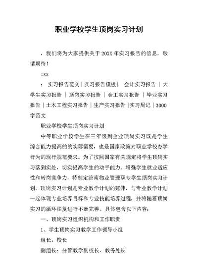 职业学校学生顶岗实习计划