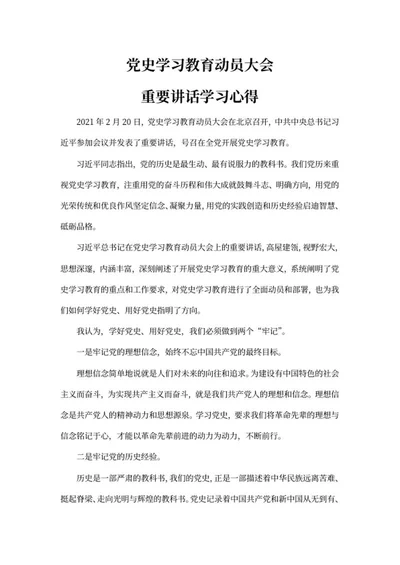 党史学习教育动员大会体会word模板