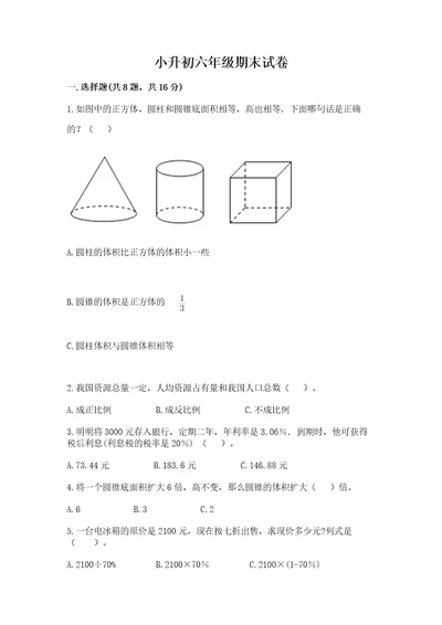 小升初六年级期末试卷附答案（b卷）