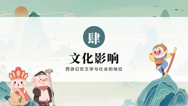 绿色清新插画手绘中国风西游记四大名著教学PPT模板