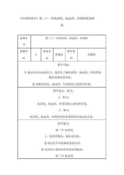 中药药理学第二十一章收涩药、驱虫药、外用药授课教案