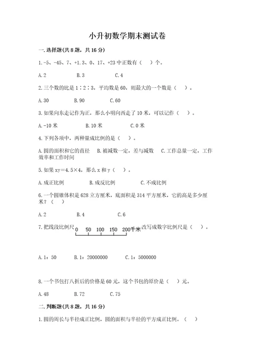 小升初数学期末测试卷a4版打印