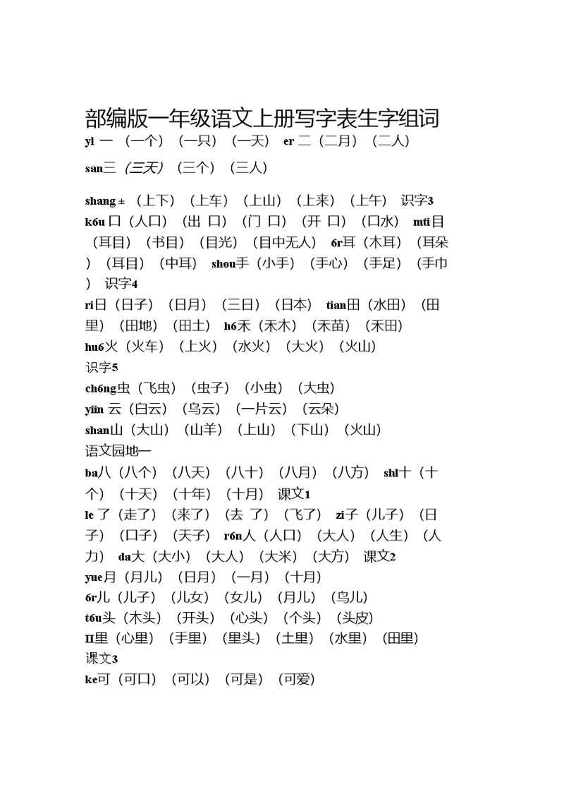 部编版一年级语文上册写字表生字组词