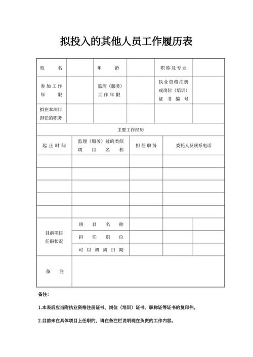 拟投入的其他人员工作履历表
