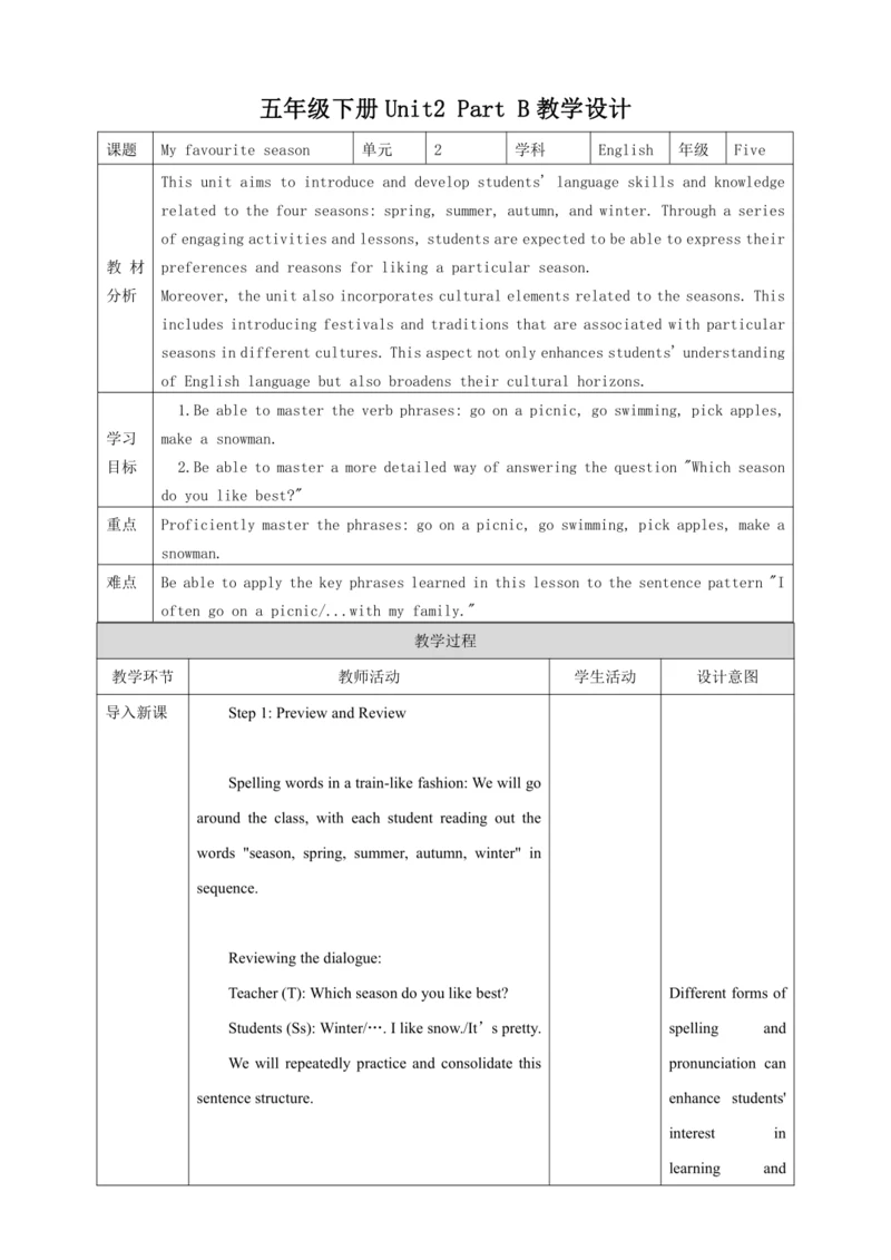 Unit 2 My favourite season Part B let’s learn 全英文教