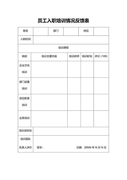 员工培训情况反馈表word模板