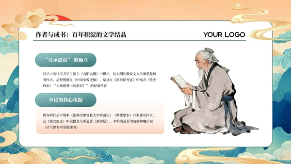 蓝绿国潮经典名著《西游记》读书分享PPT模板