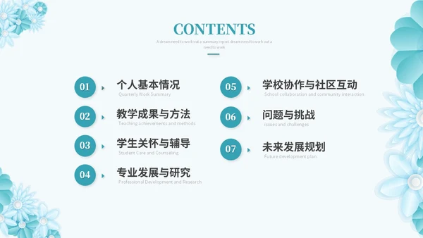 绿色淡雅立体花卉教师述职报告工作总结工作计划PPT