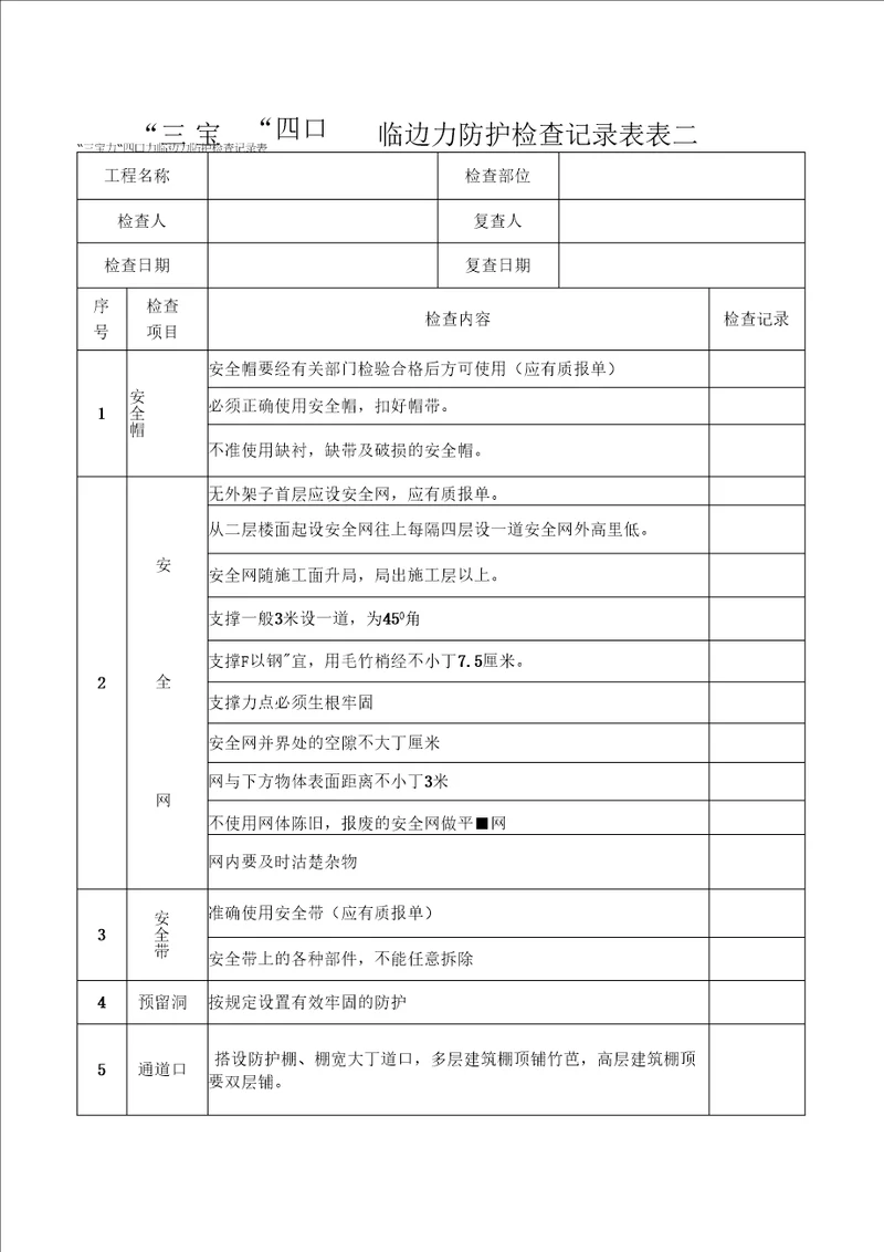 “三宝“四口“临边防护检查记录表