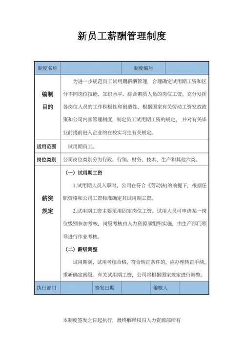 新员工薪酬管理制度word模板