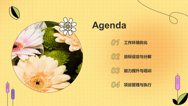 黄色手绘风清新花朵通用行业工作计划PPT模板