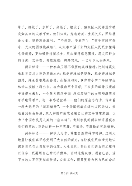 学习抗震救灾精神心得体会：两条标语凝聚一种精神.docx