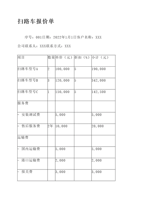 扫路车报价单