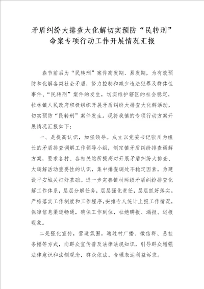 矛盾纠纷大排查大化解切实预防“民转刑命案专项行动工作开展情况汇报