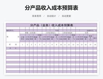 分产品收入成本预算表