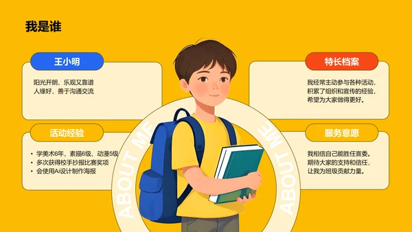 黄色插画风小学生竞选班委PPT模板