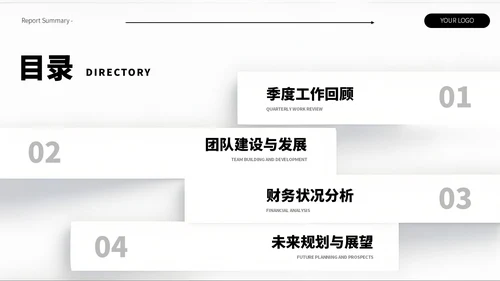 黑白简约留白风季度总结汇报PPT模板