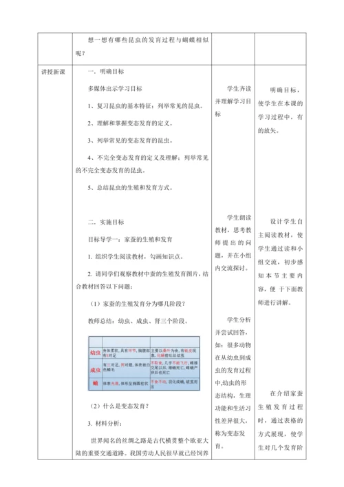 人教版八年级生物下册第七单元第一章第二节昆虫的生殖和发育教案（表格式）