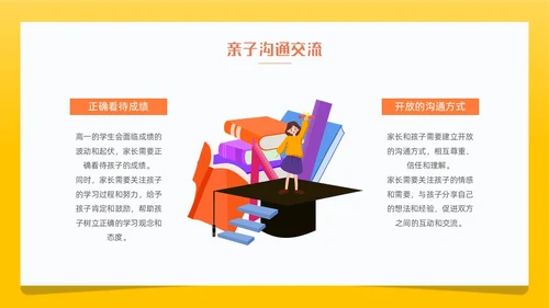 黄色简约卡通插画高一期中家长会动态PPT