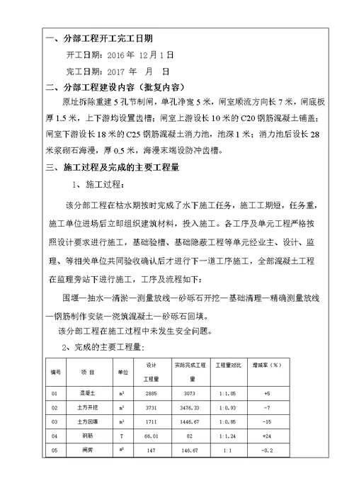 节制闸分部工程验收鉴定书