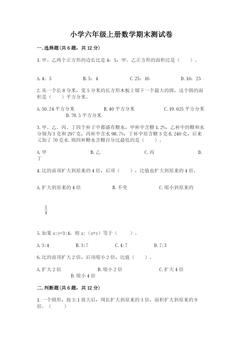 小学六年级上册数学期末测试卷（名师推荐）word版.docx