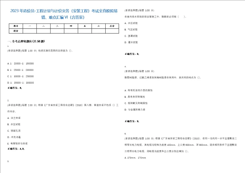 2023年造价员工程计量与计价实务安装工程考试全真模拟易错、难点汇编VI含答案精选集3