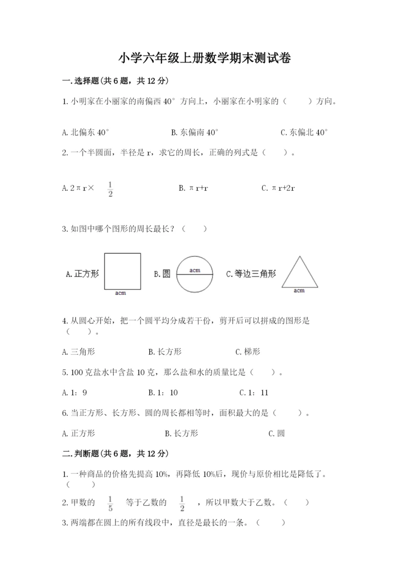 小学六年级上册数学期末测试卷精品（易错题）.docx