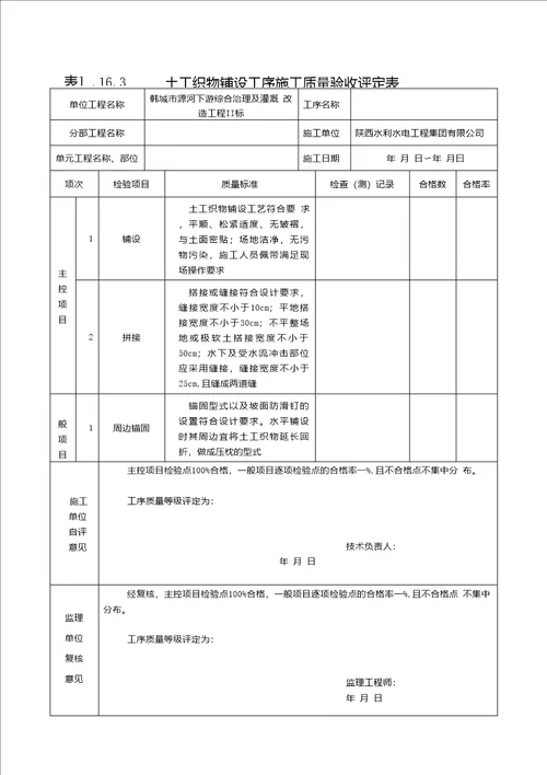 土工布铺设质量评定表