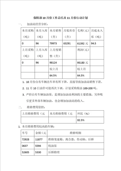 保障部10月份工作总结及11月份行动计划