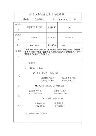 经典诵读社团活动记录表