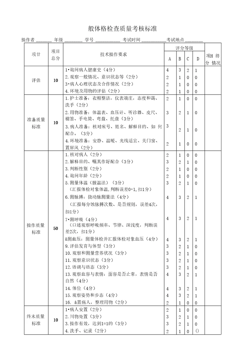 一般体格检查质量考核标准安徽医科大学