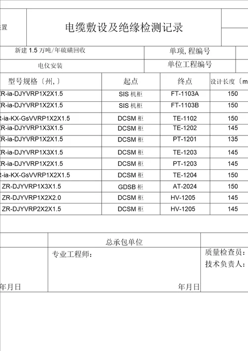 电缆敷设及绝缘检测记录