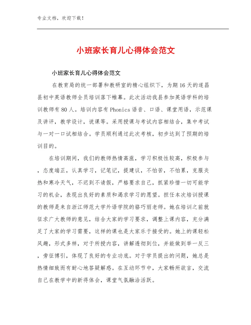 小班家长育儿心得体会范文优选例文28篇文档选编.docx