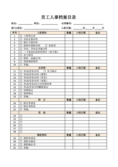 员工人事档案目录