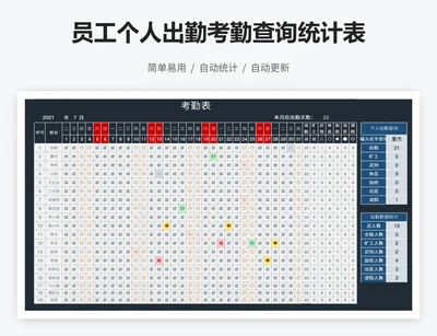 员工个人出勤考勤查询统计表