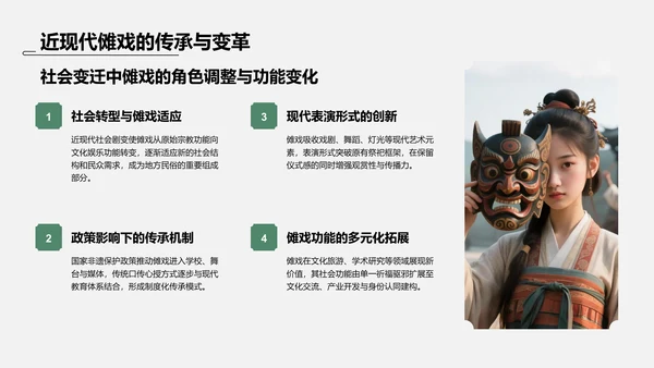 绿色水墨风傩戏的历史与文化价值PPT模板