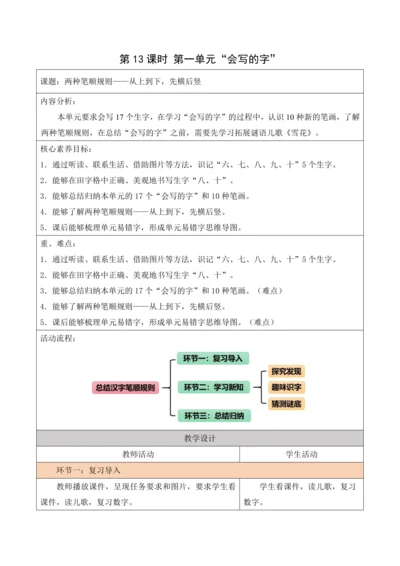 部编1A 第1单元 第13课 会写的字 教学设计
