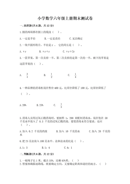 小学数学六年级上册期末测试卷及完整答案（各地真题）