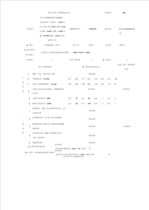 人防门安装工程质量验收记录