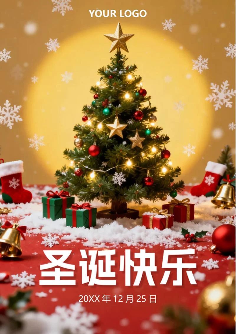 红金色简约创意风圣诞节祝福海报