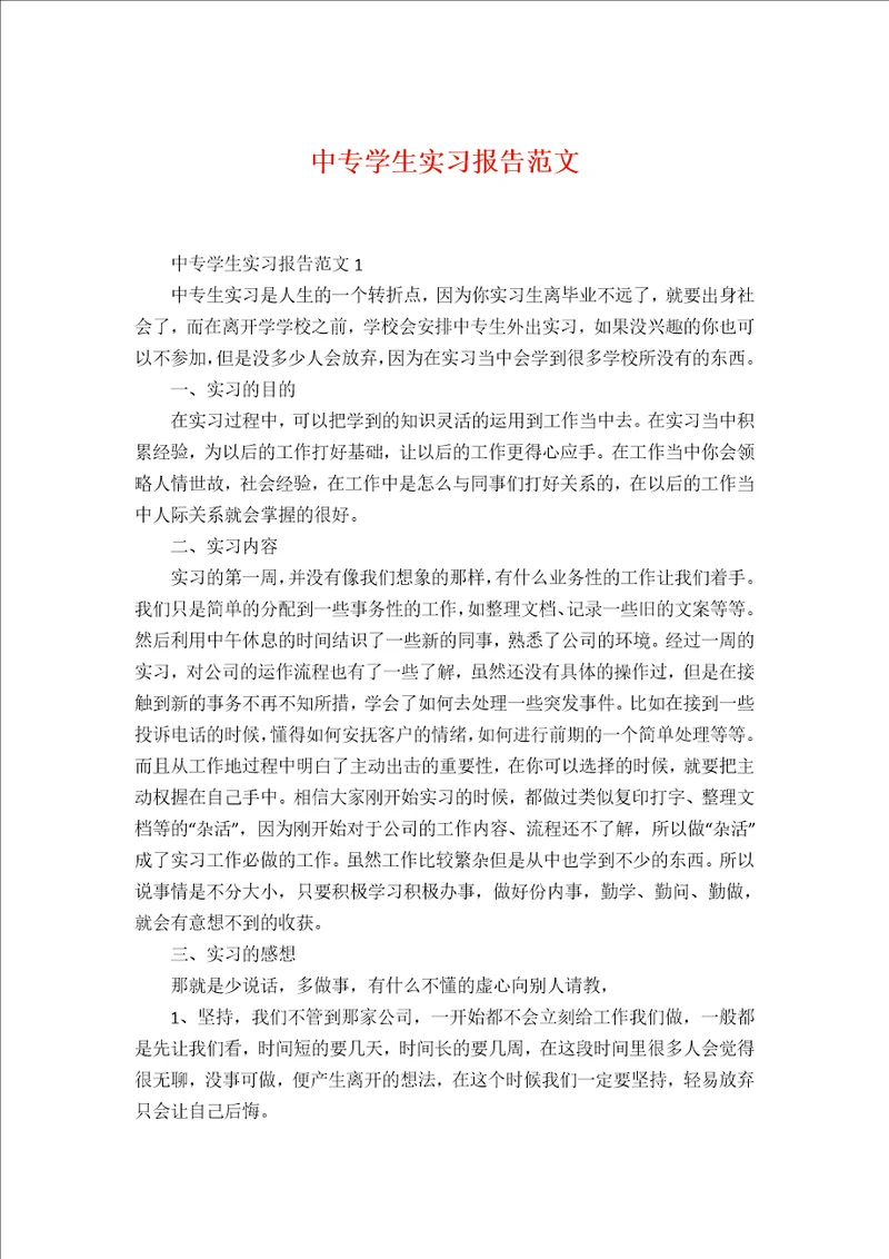 中专学生实习报告范文