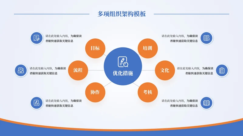 蓝橙商务风6项组织架构PPT单页
