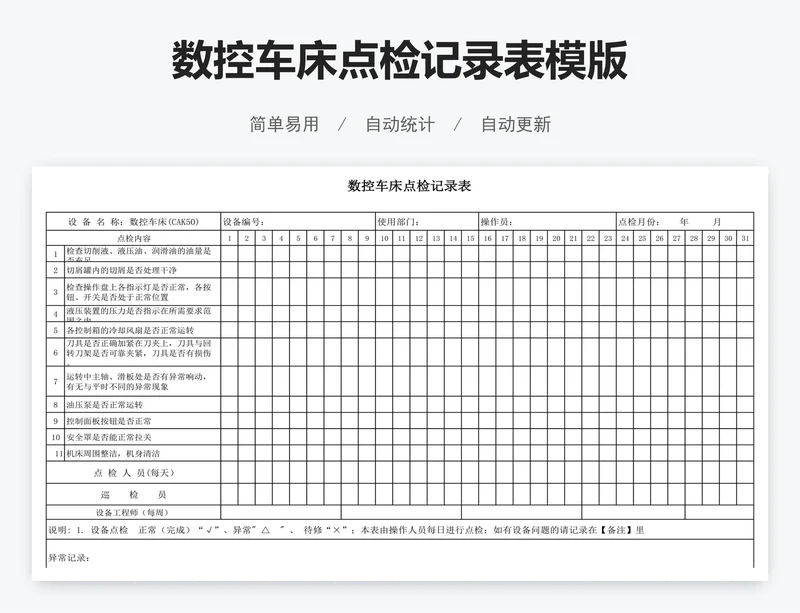数控车床点检记录表模版