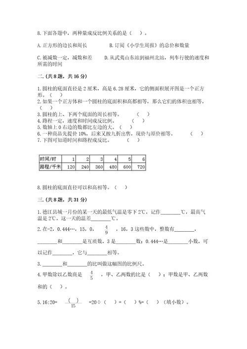 青岛版六年级数学下学期期末测试题附答案精练